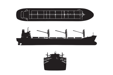 Obraz premium Black silhouette icons of a cargo ship from top side and front views on white background