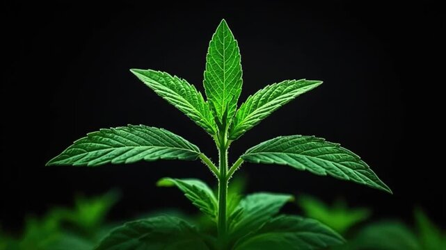 Vibrant Green Mint Plant Leaves Close-up Macro, Dark Background