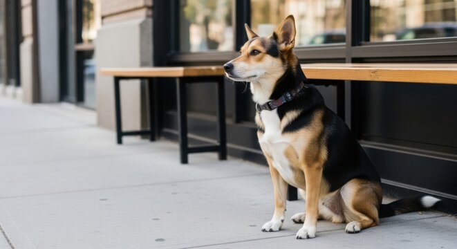 Mixed breed dog sitting patiently on urban sidewalk outside building. Attentive animal waits quietly beside bench, demonstrating calm dog sitting. Image for responsible pet ownership, pet care,
