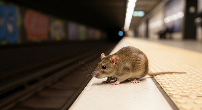 Brown subway rat standing cautiously on a dirty metro platform edge, facing dimly lit tracks. Subway rat navigates urban underground environment, displaying wild behavior in public transit space.