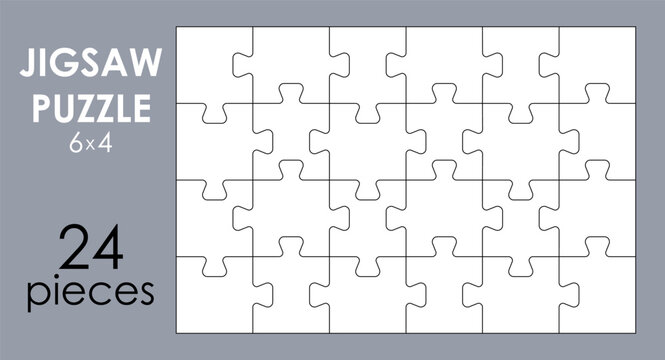 Jigsaw puzzle grid template, pieces grid with 24 details. Separate matching irregularly puzzle elements. Mosaic silhouette Scheme of thinking game 6x4 shapes Cutting vector line grid design for jigsaw