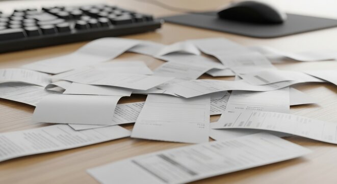 Pile of scattered paper receipts on wooden desk surface, creating financial paperwork clutter. Detailed paper receipts display transaction information for expense management and accounting tasks.