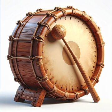 Traditional handcrafted wooden drum with a mallet, a vintage ethnic percussion instrument on a clean white background.