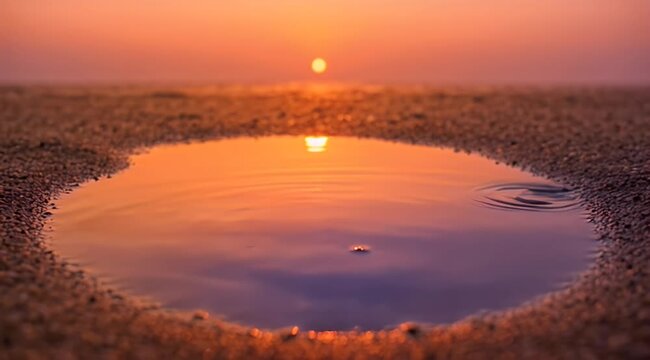 A still puddle reflects a soft sunset on a pebbled shore