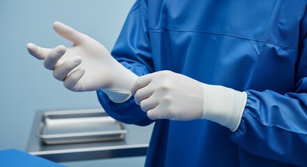 Asian male surgeon putting on sterile gloves before surgery.