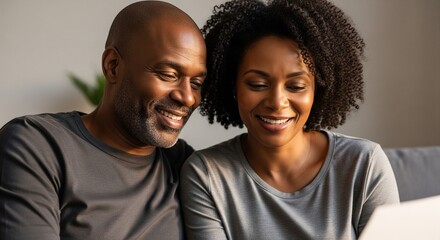 Obraz premium Happy Black couple reviewing financial documents together at home.