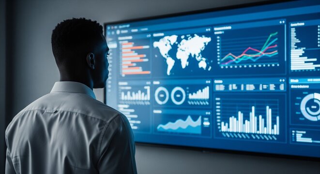 Businessman analyzing data on a large business intelligence dashboard screen.