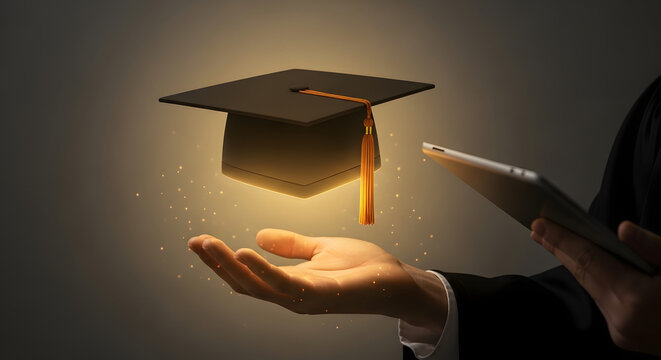 A luminous graduation cap floats above an outstretched hand, symbolizing education and future success.
