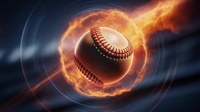Dynamic baseball flying with fiery flames and motion blur in dramatic sports action scene