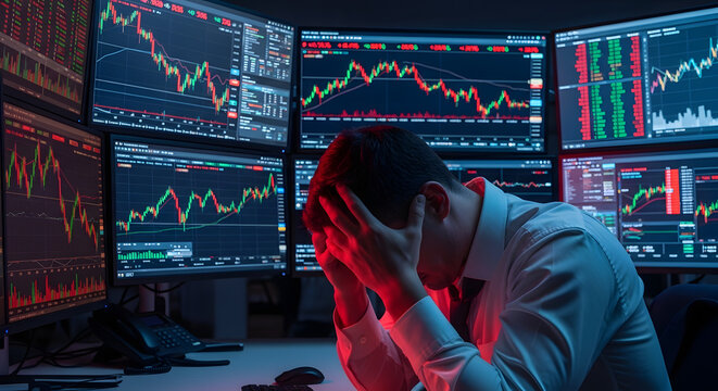 A distressed man holds his head in despair, surrounded by multiple computer monitors displaying volatile stock market charts with significant red downward trends.