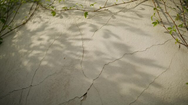 Cracked wall with climbing vines and dappled leaf shadows