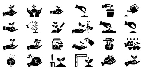 Fototapeta premium Gardening and Planting Icon Set. Cultivation and Growth Vector Symbols.