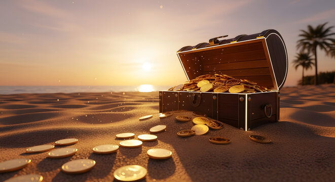 An ornate wooden treasure chest, bursting with gleaming gold coins, is situated on a serene sandy beach at sunset, surrounded by palm trees.