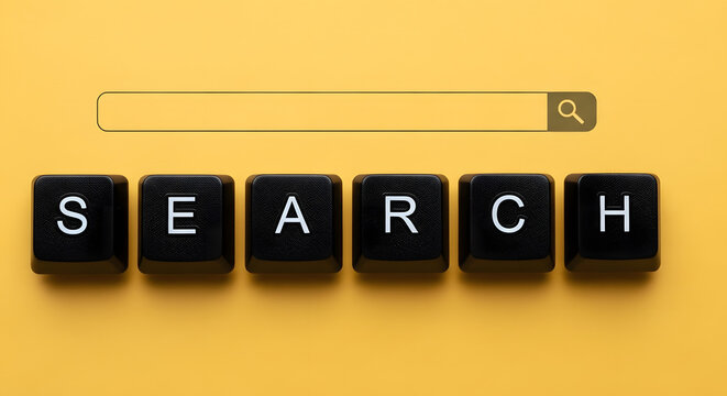The word "SEARCH" is spelled by black keyboard keys below a minimalist search bar.