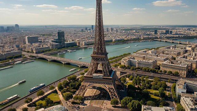 Aerial view of Eiffel Tower with River Seine and Paris cityscape on a clear sunny day