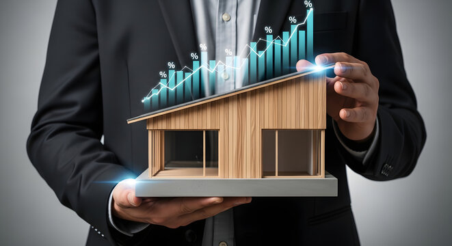A businessman holds a wooden miniature house model with an upward-trending percentage chart.
