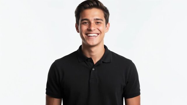 Smiling young man in black polo shirt standing against white background looking happy and confident