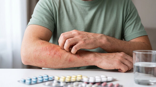 Man suffers from a severe skin rash on his arm, scratching due to intense itching. Pills for eczema treatment are nearby