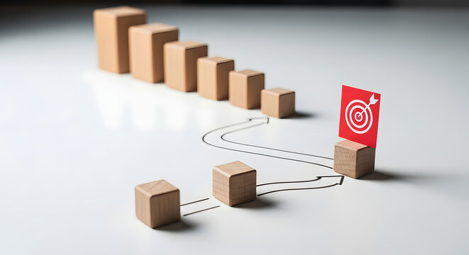 Wooden blocks are arranged in a downward sloping path with smaller cubes leading towards a red target icon, illustrating the journey towards achieving a goal.