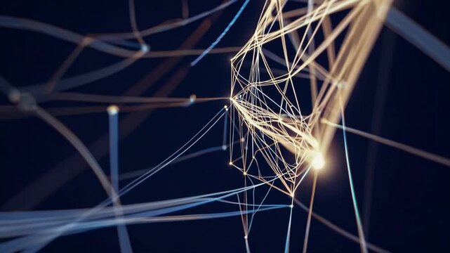 Complex web of signals and data flows, Vivid depiction of interconnected lines and illuminated nodes, Dynamic illustration capturing essence of data links and flow within shadowed environment