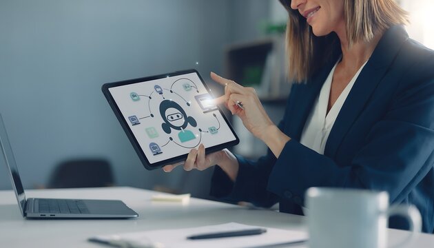 Businesswoman using digital tablet with ai chatbot network