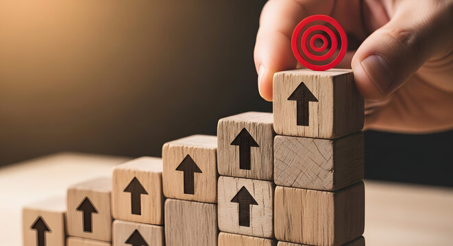 A human hand carefully places a red target symbol on the apex of a stack of wooden blocks, each featuring an upward arrow, illustrating successful goal achievement and progress.