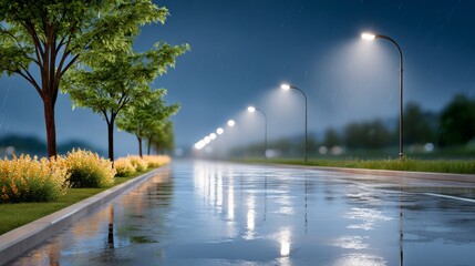 Calm yet melancholic evening scene with trees lining a rain drenched path.