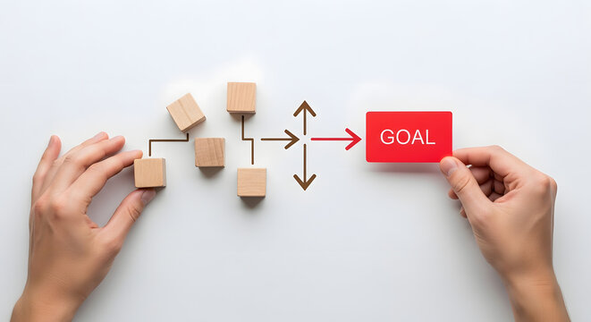 Two hands meticulously arrange wooden blocks and connector arrows into a simple flowchart, directing towards a red card labeled "GOAL," signifying strategic planning and objective setting.