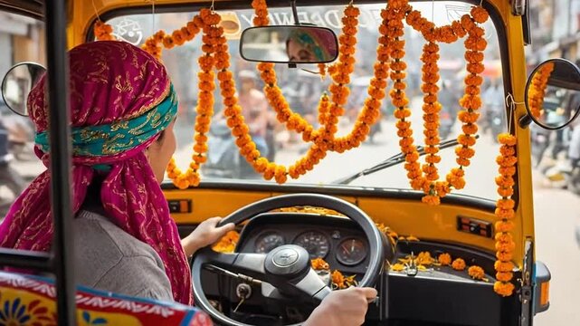 Woman wearing traditional colorful sari driving an auto-rickshaw decorated with vibrant marigold garlands in India, a scene of daily life.