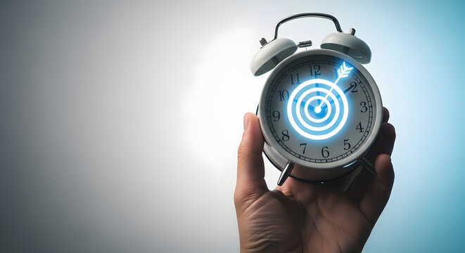 A human hand holding an old-fashioned alarm clock with a bright, glowing target icon superimposed on its face, symbolizing deadlines and effective goal setting.