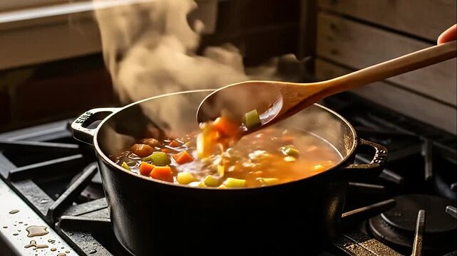 Cooking a colorful vegetable stew or soup in a black pot on a gas stove, with a wooden spoon stirring the ingredients, creating steam and a homey atmosphere.