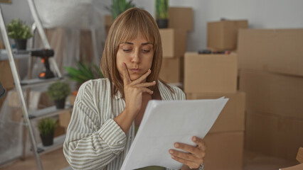 Woman holding a stack of papers, hand pressed to cheek and frowning while reading documents amid...