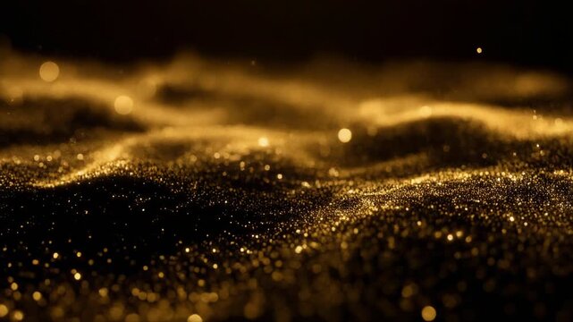 Golden glowing particles creating a sparkling wave pattern with dark background and bokeh light effects