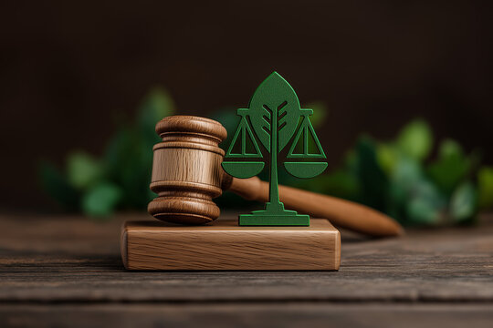 Environment Law for Sustainability Climate. gavel with scale and green icon Environmental Law International for environmental protection regulation. Sustainable environment conservation concept