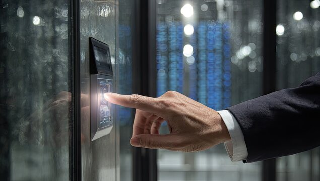 A person's hand in a suit jacket presses a button on a metallic elevator panel