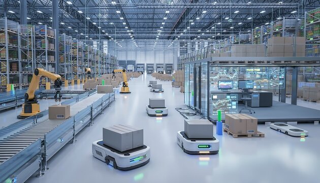 Automated warehouse with robotic arms and agv transporting goods