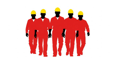 Group of Workers in Red Uniforms.
