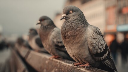 Pigeons On a Bench, City Birds, Avian Urban Scene. Focus on Detail, Calm