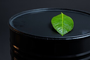 Green Leaf on Black Oil Barrel, Energy Transition Concept