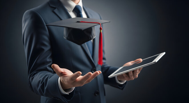 A businessman holds a graduation cap and a digital tablet, symbolizing education and digital advancement.