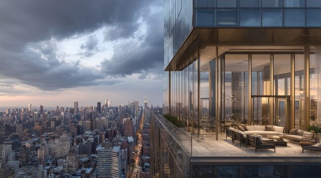 High-rise building rooftop lounge with expansive city view under a dramatic, cloudy sky