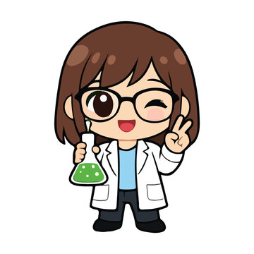 Cute Chibi Scientist Girl Winking with Green Flask &ndash; Flat Vector Character