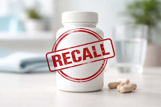 medicine bottle displaying a red recall stamp indicating a product safety warning for medication with several loose pills on a white surface highlighting pharmaceutical safety concerns