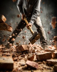 Worker breaking bricks with a heavy hammer.