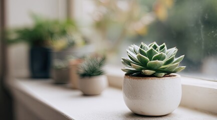Fototapeta premium Close-up of a succulent in a small white pot on a windowsill, with other plants in the background