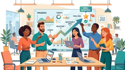 Diverse business team analyzing growth charts in modern office setting