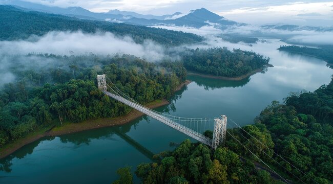 Aerial view of a bridge spanning a lake amidst dense, green forests shrouded in mist and clouds