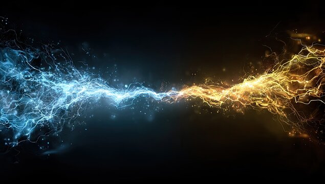 Abstract artwork depicting two glowing streams of light merging on a dark background