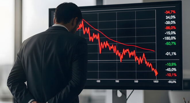 A businessman in a suit stands contemplating a large monitor displaying a sharp red declining stock market graph.