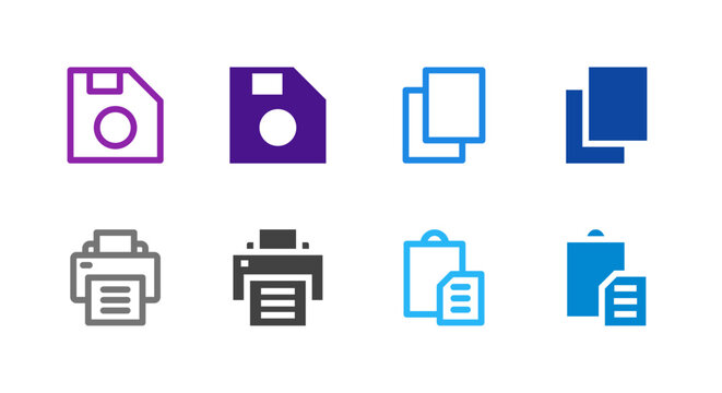 Flat Colored Save Print Copy Paste Icon Set for Document Interface